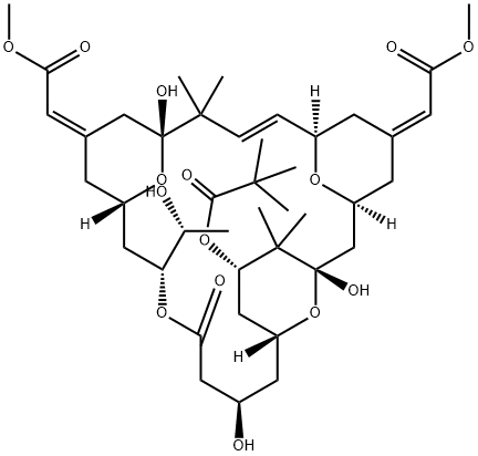 Propanoic acid, 2,2-dimethyl-, (1S,3S,5Z,7R,8E,11R,13Z,15S,17R,21R,23R,25S)-1,11,21-trihydroxy-17-(1R)-1-hydroxyethyl-5,13-bis(2-methoxy-2-oxoethylidene)-10,10,26,26-tetramethyl-19-oxo-18,27,28,29-tetraoxatetracyclo21.3.1.13,7.111,15nonacos-8-en-25-yl est Struktur