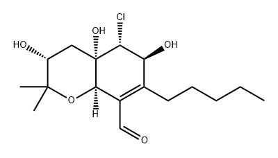 2H-1-Benzopyran-8-carboxaldehyde, 5-chloro-3,4,4a,5,6,8a-hexahydro-3,4a,6-trihydroxy-2,2-dimethyl-7-pentyl-, (3R,4aS,5R,6S,8aR)- Struktur