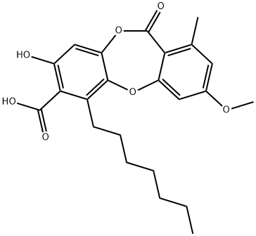 11H-Dibenzo[b,e][1,4]dioxepin-7-carboxylic acid, 6-heptyl-8-hydroxy-3-methoxy-1-methyl-11-oxo- Struktur