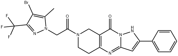 Pyrazolo[1,5-a]pyrido[4,3-d]pyrimidin-9(1H)-one, 7-[2-[4-bromo-5-methyl-3-(trifluoromethyl)-1H-pyrazol-1-yl]acetyl]-5,6,7,8-tetrahydro-2-phenyl- Struktur