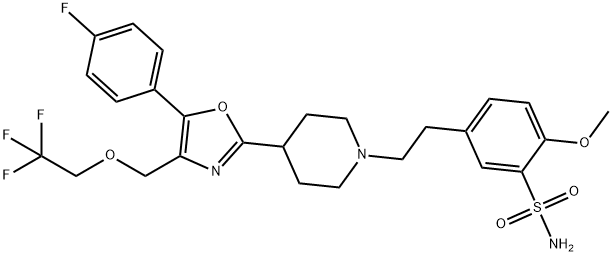 Benzenesulfonamide, 5-[2-[4-[5-(4-fluorophenyl)-4-[(2,2,2-trifluoroethoxy)methyl]-2-oxazolyl]-1-piperidinyl]ethyl]-2-methoxy- Struktur