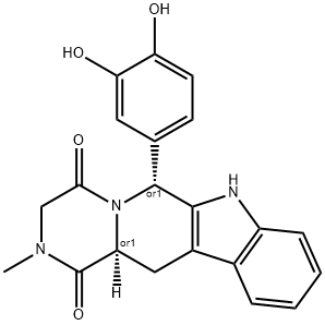 Pyrazino[1',2':1,6]pyrido[3,4-b]indole-1,4-dione, 6-(3,4-dihydroxyphenyl)-2,3,6,7,12,12a-hexahydro-2-methyl-, (6R,12aS)-rel- Struktur