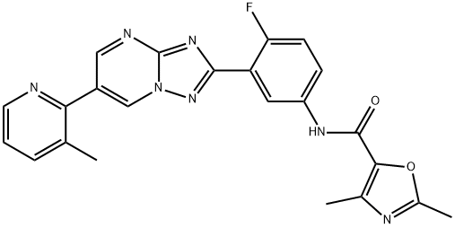 5-Oxazolecarboxamide, N-[4-fluoro-3-[6-(3-methyl-2-pyridinyl)[1,2,4]triazolo[1,5-a]pyrimidin-2-yl]phenyl]-2,4-dimethyl- Struktur