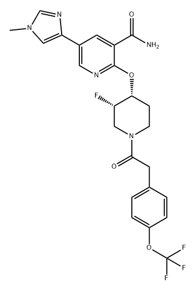 3-Pyridinecarboxamide, 2-[[(3S,4R)-3-fluoro-1-[2-[4-(trifluoromethoxy)phenyl]acetyl]-4-piperidinyl]oxy]-5-(1-methyl-1H-imidazol-4-yl)- Struktur