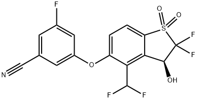 Benzonitrile, 3-[[(3S)-4-(difluoromethyl)-2,2-difluoro-2,3-dihydro-3-hydroxy-1,1-dioxidobenzo[b]thien-5-yl]oxy]-5-fluoro- Struktur