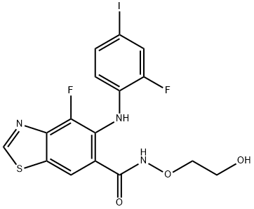 6-Benzothiazolecarboxamide, 4-fluoro-5-[(2-fluoro-4-iodophenyl)amino]-N-(2-hydroxyethoxy)- Struktur