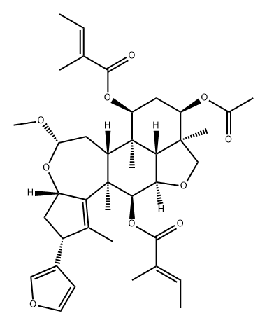 2-Butenoic acid, 2-methyl-, 1,1'-[(2R,3aS,5S,6aR,6bR,7S,9R,9aR,11aR,11bR,12S,12aR)-9-(acetyloxy)-2-(3-furanyl)-3,3a,6,6a,6b,7,8,9,9a,10,11a,11b,12,12a-tetradecahydro-5-methoxy-1,6b,9a,12a-tetramethyl-2H,5H-cyclopent[a]isobenzofuro[7,1-gh][3]benzoxepin-7,12-diyl] ester, (2E,2'E)- Struktur