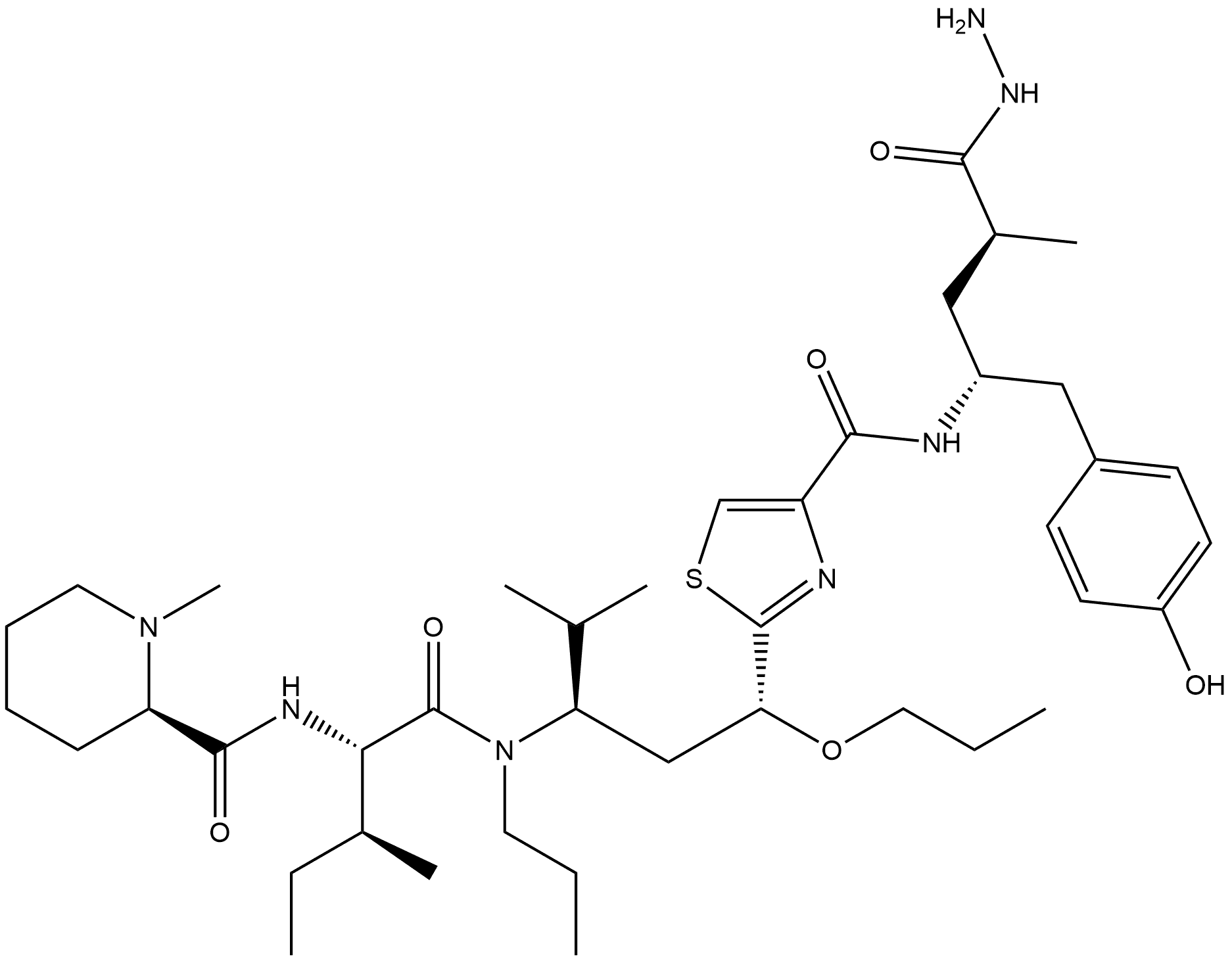 Benzenepentanoic acid, 4-hydroxy-α-methyl-γ-[[[2-[(1R,3R)-4-methyl-3-[[(2S,3S)-3-methyl-2-[[[(2R)-1-methyl-2-piperidinyl]carbonyl]amino]-1-oxopentyl]propylamino]-1-propoxypentyl]-4-thiazolyl]carbonyl]amino]-, hydrazide, (αS,γR)- Struktur