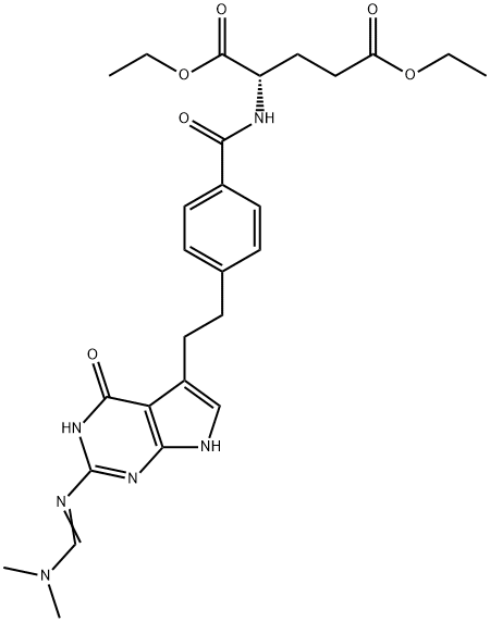 L-Glutamic acid, N-[4-[2-[2-[[(dimethylamino)methylene]amino]-4,7-dihydro-4-oxo-3H-pyrrolo[2,3-d]pyrimidin-5-yl]ethyl]benzoyl]-, 1,5-diethyl ester Struktur