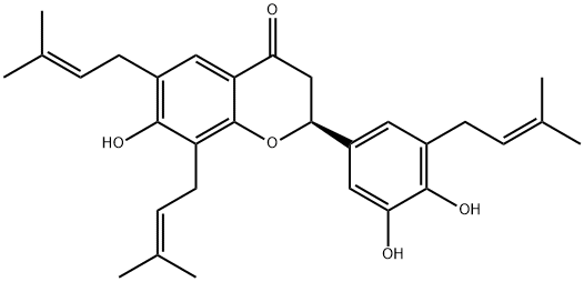 4H-1-Benzopyran-4-one, 2-[3,4-dihydroxy-5-(3-methyl-2-buten-1-yl)phenyl]-2,3-dihydro-7-hydroxy-6,8-bis(3-methyl-2-buten-1-yl)-, (2S)- Struktur