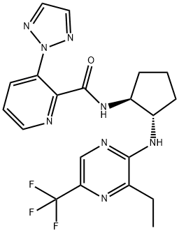 2-Pyridinecarboxamide, N-[(1S,2S)-2-[[3-ethyl-5-(trifluoromethyl)-2-pyrazinyl]amino]cyclopentyl]-3-(2H-1,2,3-triazol-2-yl)- Struktur