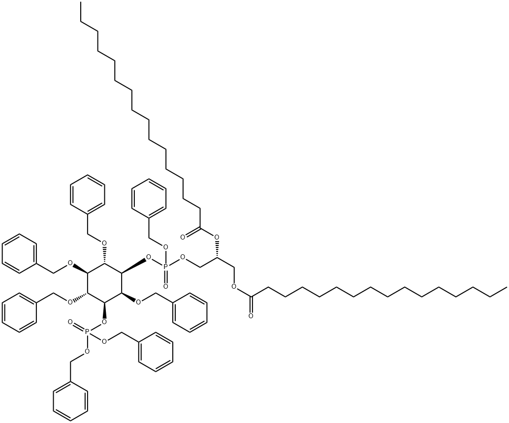 D-myo-Inositol, 2,4,5,6-tetrakis-O-(phenylmethyl)-, 1-2,3-bis(1-oxohexadecyl)oxypropyl phenylmethyl phosphate 3-bis(phenylmethyl) phosphate, (2R)- Struktur