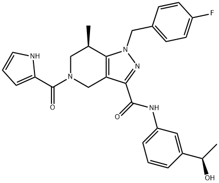 1H-Pyrazolo[4,3-c]pyridine-3-carboxamide, 1-[(4-fluorophenyl)methyl]-4,5,6,7-tetrahydro-N-[3-[(1R)-1-hydroxyethyl]phenyl]-7-methyl-5-(1H-pyrrol-2-ylcarbonyl)-, (7R)- Struktur