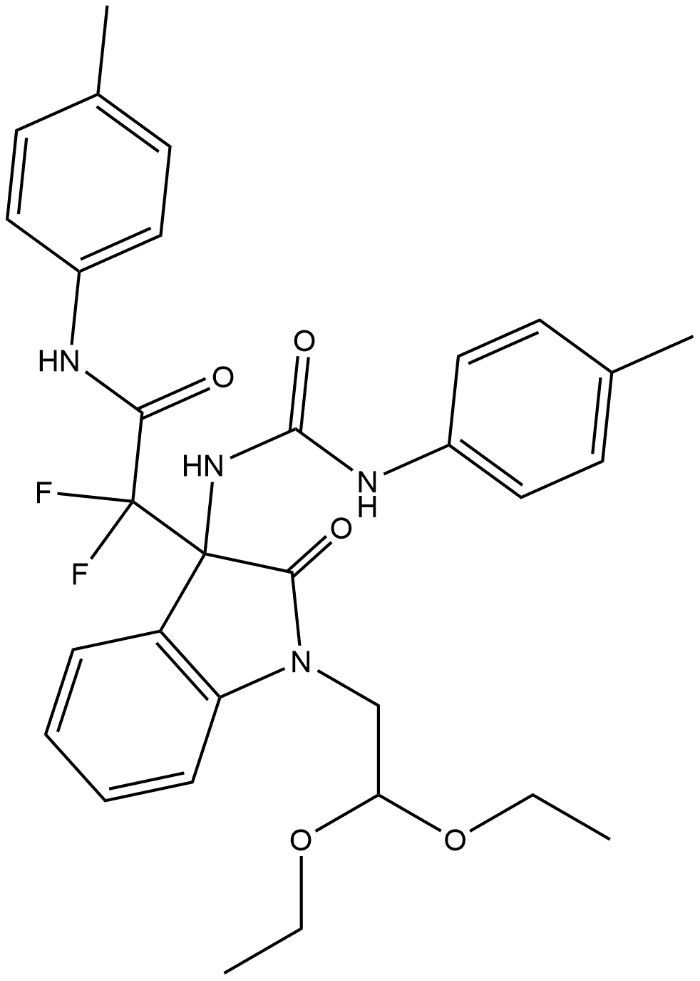 1H-Indole-3-acetamide, 1-(2,2-diethoxyethyl)-α,α-difluoro-2,3-dihydro-N-(4-methylphenyl)-3-[[[(4-methylphenyl)amino]carbonyl]amino]-2-oxo- Struktur