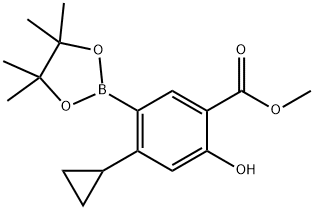 Benzoic acid, 4-cyclopropyl-2-hydroxy-5-(4,4,5,5-tetramethyl-1,3,2-dioxaborolan-2-yl)-, methyl ester Struktur