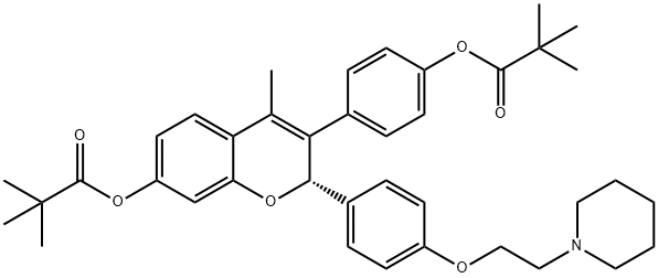 Propanoic acid, 2,2-dimethyl-, (2S)-3-[4-(2,2-dimethyl-1-oxopropoxy)phenyl]-4-methyl-2-[4-[2-(1-piperidinyl)ethoxy]phenyl]-2H-1-benzopyran-7-yl ester Struktur