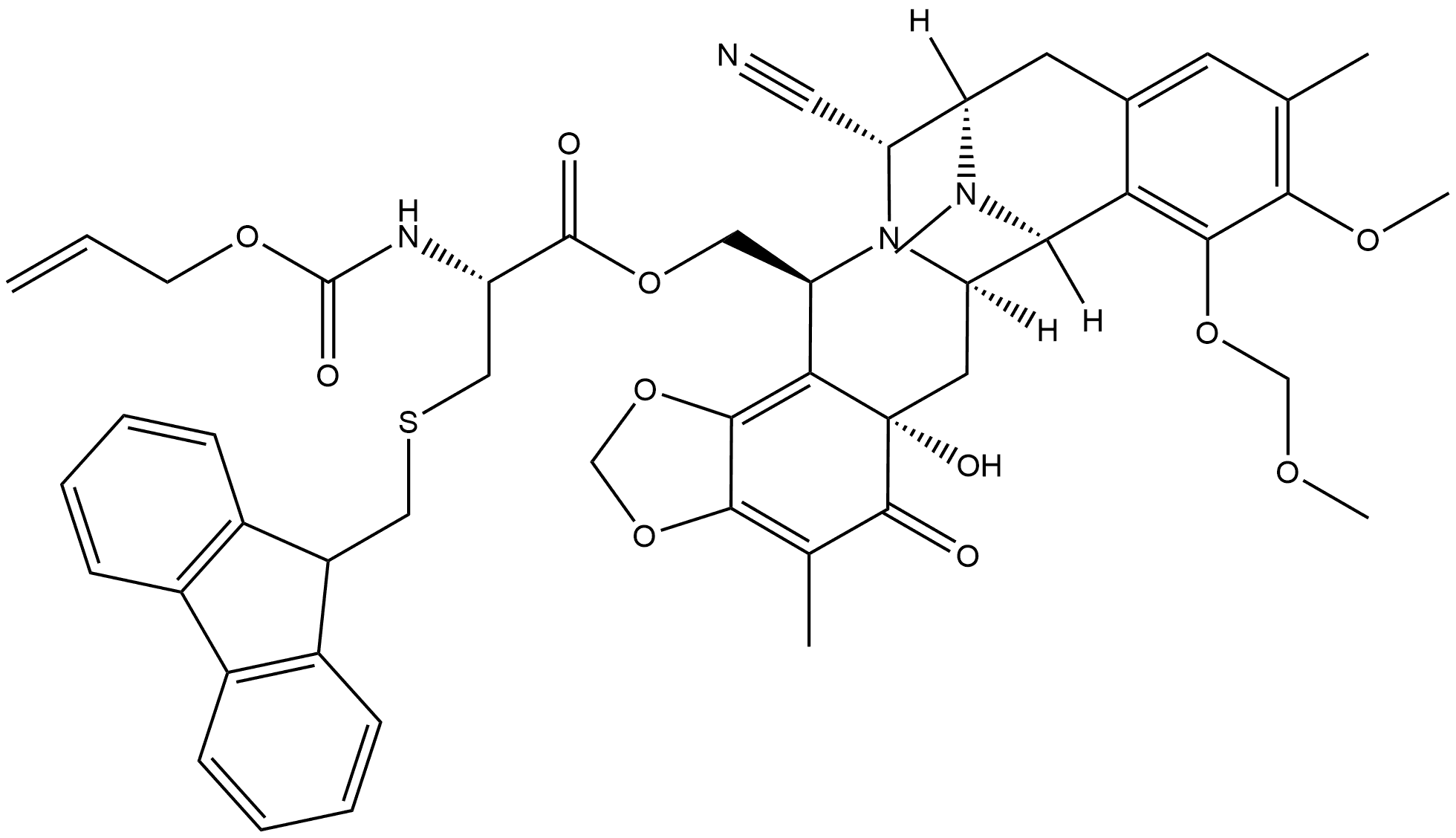 L-Cysteine, S-(9H-fluoren-9-ylmethyl)-N-[(2-propenyloxy)carbonyl]-, [14-cyano-5,5a,6,6a,7,13,14,16-octahydro-5a-hydroxy-9-methoxy-8-(methoxymethoxy)-4,10,17-trimethyl-5-oxo-7,13-imino-12H-1,3-dioxolo[7,8]isoquino[3,2-b][3]benzazocin-16-yl]methyl ester, [5aR-(5aα,6aα,7α,13α,14α,16β)]- (9CI) Struktur