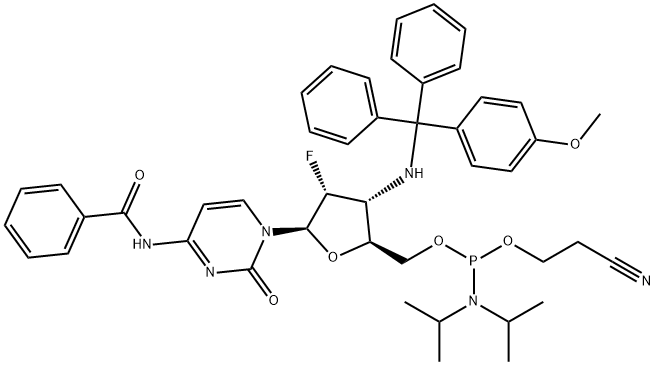 Cytidine, N-?benzoyl-?2',?3'-?dideoxy-?2'-?fluoro-?3'-?[[(4-?methoxyphenyl)?diphenylmethyl]?amino]?-?, 5'-?[2-?cyanoethyl bis(1-?methylethyl)?phosphoramidite] (9CI) Struktur