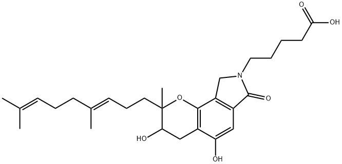 Pyrano[2,3-e]isoindole-8(2H)-pentanoic acid, 2-[(3E)-4,8-dimethyl-3,7-nonadien-1-yl]-3,4,7,9-tetrahydro-3,5-dihydroxy-2-methyl-7-oxo- Struktur