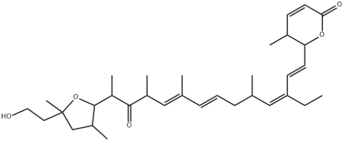 2H-Pyran-2-one, 6-[(1E,3Z,7E,9E)-3-ethyl-5,9,11-trimethyl-12-oxo-13-[tetrahydro-5-(2-hydroxyethyl)-3,5-dimethyl-2-furanyl]-1,3,7,9-tetradecatetraenyl]-5,6-dihydro-5-methyl- (9CI) Struktur