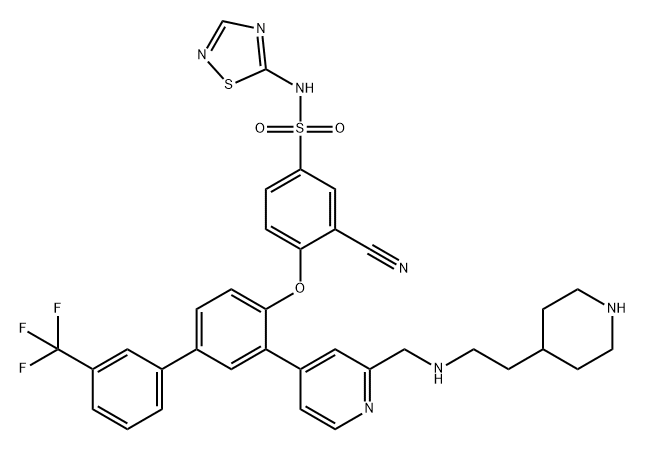 Benzenesulfonamide, 3-cyano-4-[[3-[2-[[[2-(4-piperidinyl)ethyl]amino]methyl]-4-pyridinyl]-3'-(trifluoromethyl)[1,1'-biphenyl]-4-yl]oxy]-N-1,2,4-thiadiazol-5-yl- Struktur