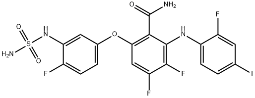 Benzamide, 6-[3-[(aminosulfonyl)amino]-4-fluorophenoxy]-3,4-difluoro-2-[(2-fluoro-4-iodophenyl)amino]- Structure