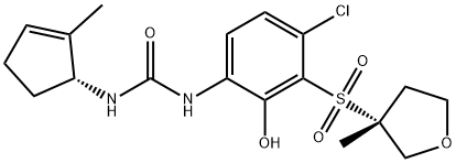 Urea, N-[4-chloro-2-hydroxy-3-[[(3R)-tetrahydro-3-methyl-3-furanyl]sulfonyl]phenyl]-N'-[(1R)-2-methyl-2-cyclopenten-1-yl]- Struktur