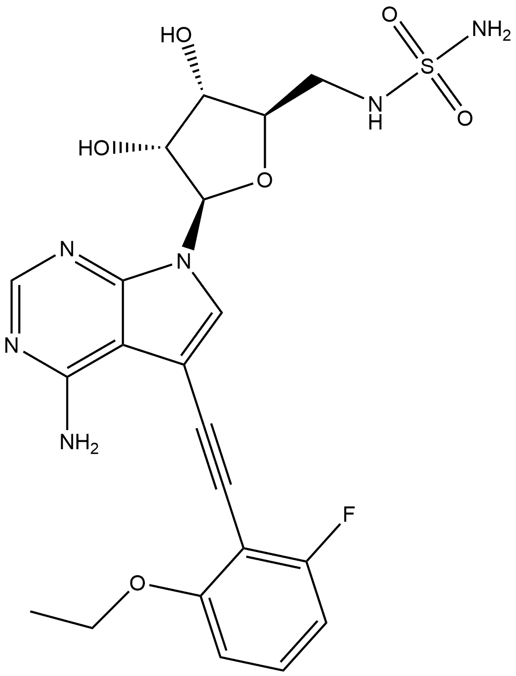 7H-Pyrrolo[2,3-d]pyrimidin-4-amine, 7-[5-[(aminosulfonyl)amino]-5-deoxy-β-D-ribofuranosyl]-5-[2-(2-ethoxy-6-fluorophenyl)ethynyl]- Struktur