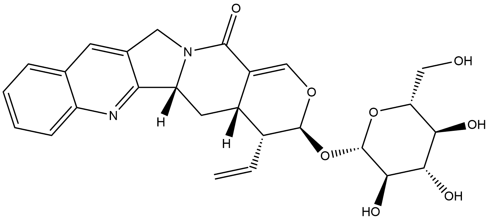 14H-Pyrano[3',4':6,7]indolizino[1,2-b]quinolin-14-one, 4-ethenyl-3-(β-D-glucopyranosyloxy)-3,4,4a,5,5a,12-hexahydro-, (3S,4R,4aS,5aR)- Struktur