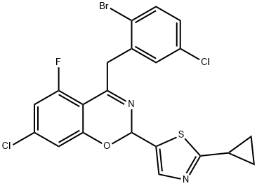 4-[(2-Bromo-5-chlorophenyl)methyl]-7-chloro-2-(2-cyclopropyl-5-thiazolyl)-5-fluoro-2H-1,3-benzoxazine Struktur