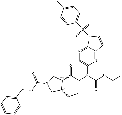 1-Pyrrolidinecarboxylic acid, 3-[2-[(ethoxycarbonyl)[5-[(4-methylphenyl)sulfonyl]-5H-pyrrolo[2,3-b]pyrazin-2-yl]amino]acetyl]-4-ethyl-, phenylmethyl ester, (3R,4S)-rel- Struktur