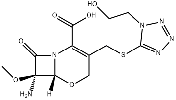 5-Oxa-1-azabicyclo[4.2.0]oct-2-ene-2-carboxylic acid, 7-amino-3-[[[1-(2-hydroxyethyl)-1H-tetrazol-5-yl]thio]methyl]-7-methoxy-8-oxo-, (6R,7R)- Struktur