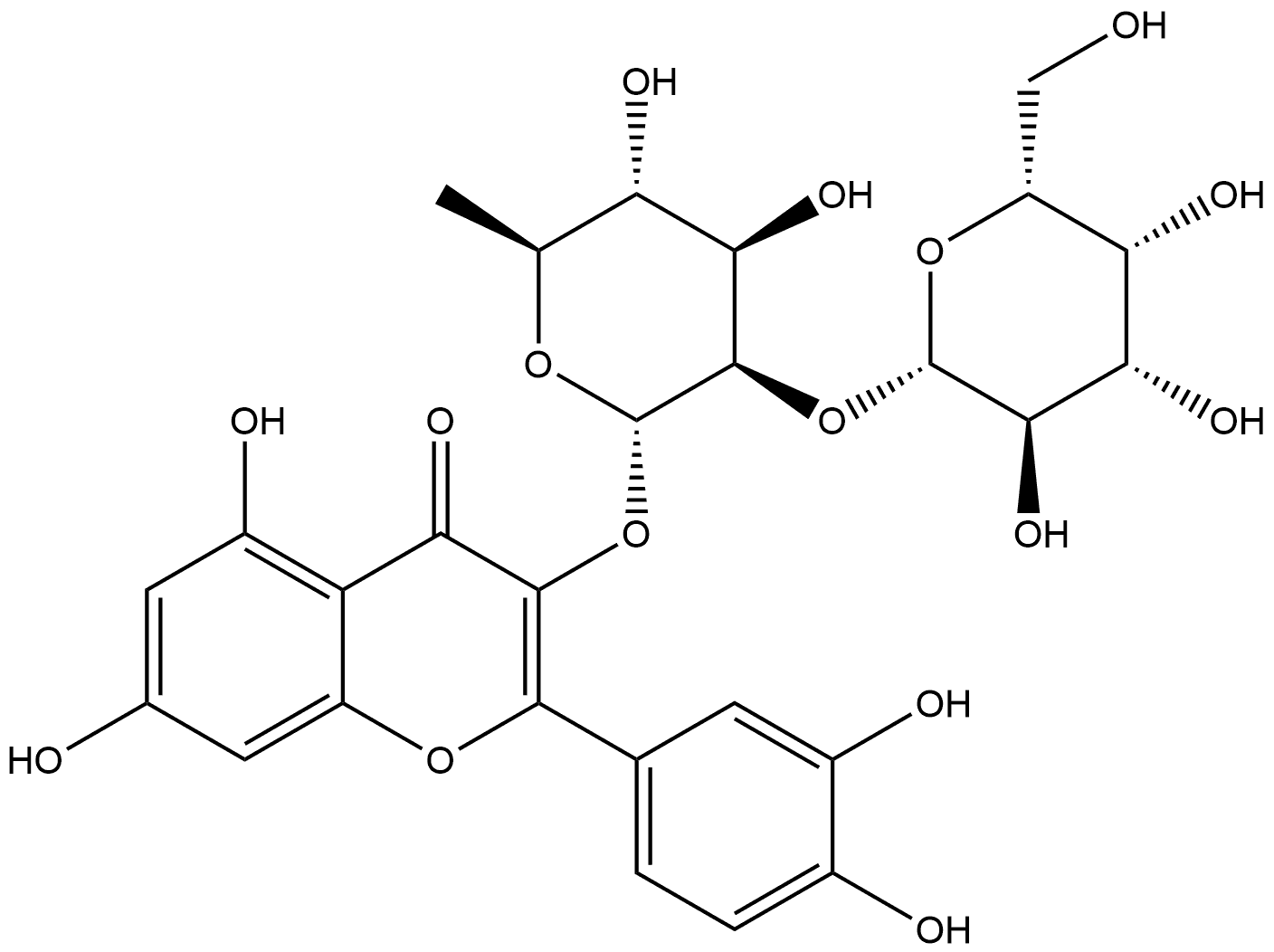 3-[(6-Deoxy-2-O-β-D-galactopyranosyl-α-L-mannopyranosyl)oxy]-2-(3,4-dihydroxyphenyl)-5,7-dihydroxy-4H-1-benzopyran-4-one Struktur