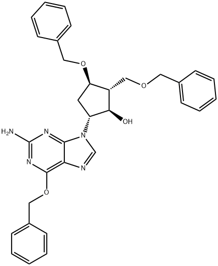 Cyclopentanol, 5-[2-amino-6-(phenylmethoxy)-9H-purin-9-yl]-3-(phenylmethoxy)-2-[(phenylmethoxy)methyl]-, (1R,2R,3R,5R)- Struktur