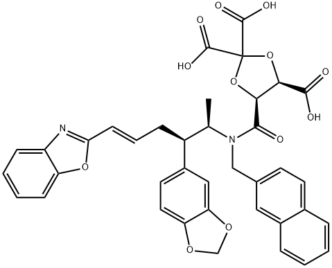 1,3-Dioxolane-2,2,4-tricarboxylic acid, 5-[[[(1R,2R,4E)-2-(1,3-benzodioxol-5-yl)-5-(2-benzoxazolyl)-1-methyl-4-penten-1-yl](2-naphthalenylmethyl)amino]carbonyl]-, (4R,5S)- Struktur