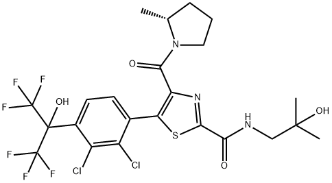 2-Thiazolecarboxamide, 5-[2,3-dichloro-4-[2,2,2-trifluoro-1-hydroxy-1-(trifluoromethyl)ethyl]phenyl]-N-(2-hydroxy-2-methylpropyl)-4-[[(2R)-2-methyl-1-pyrrolidinyl]carbonyl]- Struktur