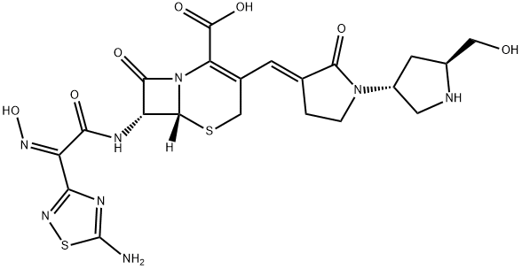 5-Thia-1-azabicyclo[4.2.0]oct-2-ene-2-carboxylic acid, 7-[[(2Z)-2-(5-amino-1,2,4-thiadiazol-3-yl)-2-(hydroxyimino)acetyl]amino]-3-[(E)-[(3'R,5'S)-5'-(hydroxymethyl)-2-oxo[1,3'-bipyrrolidin]-3-ylidene]methyl]-8-oxo-, (6R,7R)- Struktur