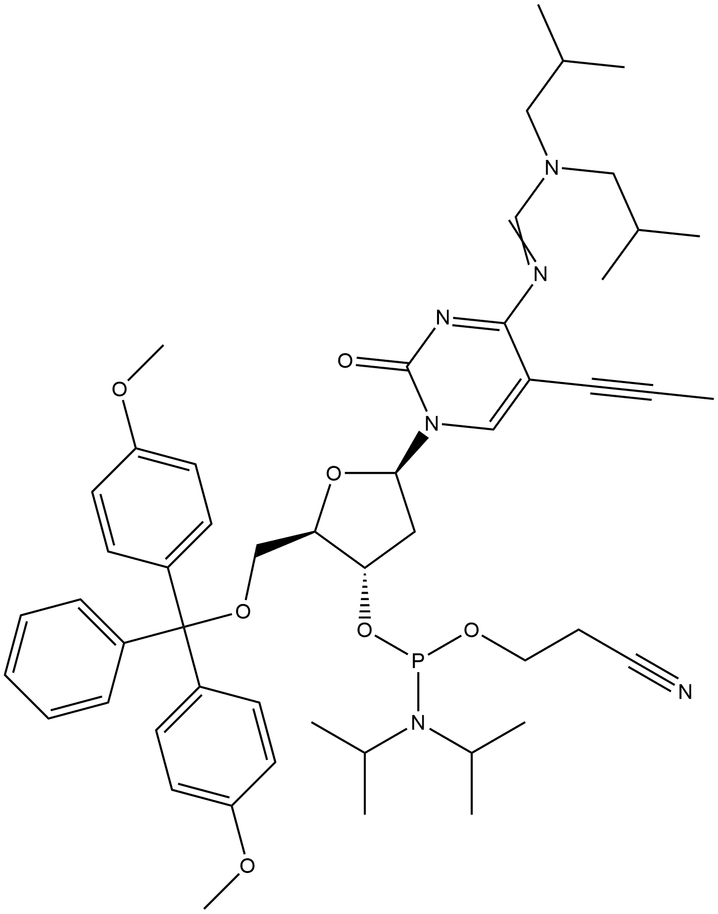 Cytidine, 5'-O-[bis(4-methoxyphenyl)phenylmethyl]-N-[[bis(2-methylpropyl)amino]methylene]-2'-deoxy-5-(1-propynyl)-, 3'-[2-cyanoethyl bis(1-methylethyl)phosphoramidite] (9CI) Struktur