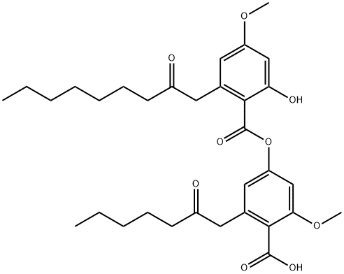 Benzoic acid, 2-hydroxy-4-methoxy-6-(2-oxononyl)-, 4-carboxy-3-methoxy-5-(2-oxoheptyl)phenyl ester Struktur