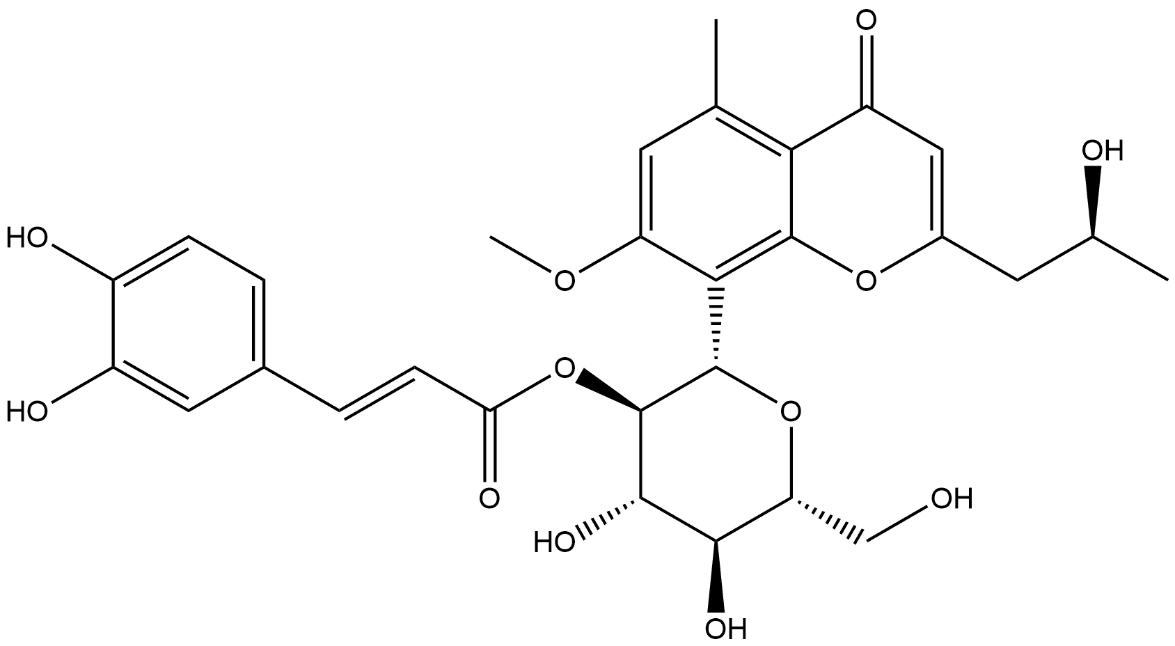 4H-1-Benzopyran-4-one, 8-[2-O-[(2E)-3-(3,4-dihydroxyphenyl)-1-oxo-2-propen-1-yl]-β-D-glucopyranosyl]-2-[(2S)-2-hydroxypropyl]-7-methoxy-5-methyl- Struktur