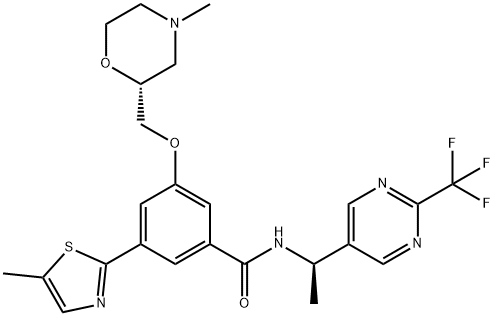 Benzamide, 3-[[(2R)-4-methyl-2-morpholinyl]methoxy]-5-(5-methyl-2-thiazolyl)-N-[(1R)-1-[2-(trifluoromethyl)-5-pyrimidinyl]ethyl]- Struktur