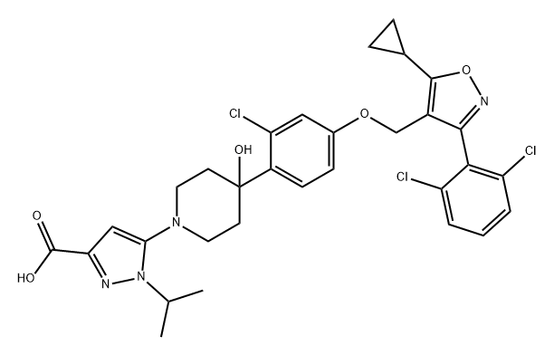 1H-Pyrazole-3-carboxylic acid, 5-[4-[2-chloro-4-[[5-cyclopropyl-3-(2,6-dichlorophenyl)-4-isoxazolyl]methoxy]phenyl]-4-hydroxy-1-piperidinyl]-1-(1-methylethyl)- Struktur