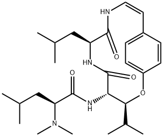 Pentanamide, 2-(dimethylamino)-4-methyl-N-[(3S,4S,7S,10Z)-3-(1-methylethyl)-7-(2-methylpropyl)-5,8-dioxo-2-oxa-6,9-diazabicyclo[10.2.2]hexadeca-10,12,14,15-tetraen-4-yl]-, (2S)- Struktur