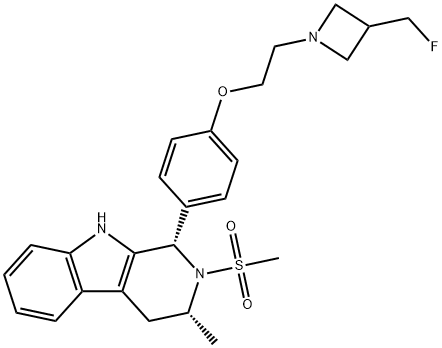 1H-Pyrido[3,4-b]indole, 1-[4-[2-[3-(fluoromethyl)-1-azetidinyl]ethoxy]phenyl]-2,3,4,9-tetrahydro-3-methyl-2-(methylsulfonyl)-, (1S,3R)- Struktur