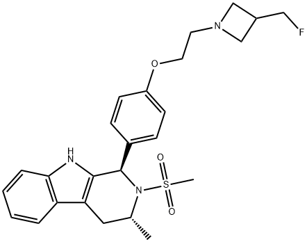 1H-Pyrido[3,4-b]indole, 1-[4-[2-[3-(fluoromethyl)-1-azetidinyl]ethoxy]phenyl]-2,3,4,9-tetrahydro-3-methyl-2-(methylsulfonyl)-, (1R,3R)- Struktur