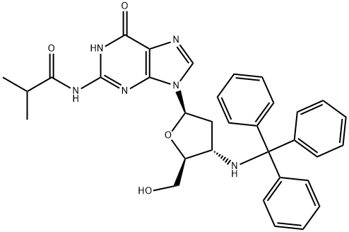 Guanosine, 2',3'-dideoxy-N-(2-methyl-1-oxopropyl)-3'-[(triphenylmethyl)amino]- Struktur