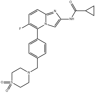 Cyclopropanecarboxamide, N-[5-[4-[(1,1-dioxido-4-thiomorpholinyl)methyl]phenyl]-6-fluoroimidazo[1,2-a]pyridin-2-yl]- Struktur