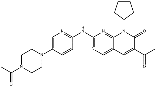 Pyrido[2,3-d]pyrimidin-7(8H)-one, 6-acetyl-2-[[5-(4-acetyl-1-piperazinyl)-2-pyridinyl]amino]-8-cyclopentyl-5-methyl- Struktur