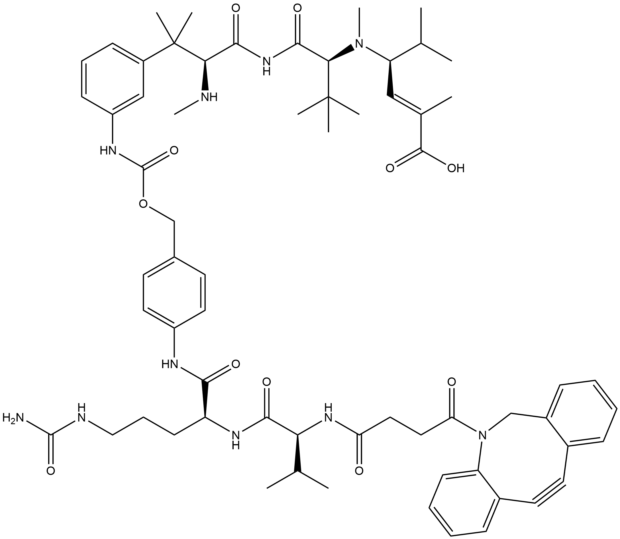 L-Valinamide, 3-[[[[4-[[N-[4-(11,12-didehydrodibenz[b,f]azocin-5(6H)-yl)-1,4-dioxobutyl]-L-valyl-N5-(aminocarbonyl)-L-ornithyl]amino]phenyl]methoxy]carbonyl]amino]-N,β,β-trimethyl-L-phenylalanyl-N-[(1S,2E)-3-carboxy-1-(1-methylethyl)-2-buten-1-yl]-N,3-dimethyl- Struktur