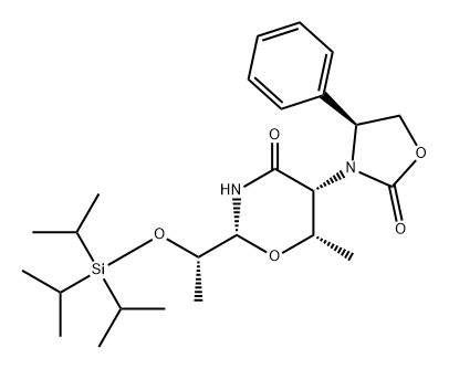 4H-1,3-Oxazin-4-one, tetrahydro-6-methyl-5-[(4S)-2-oxo-4-phenyl-3-oxazolidinyl]-2-[(1S)-1-[[tris(1-methylethyl)silyl]oxy]ethyl]-, (2R,5R,6S)- Struktur